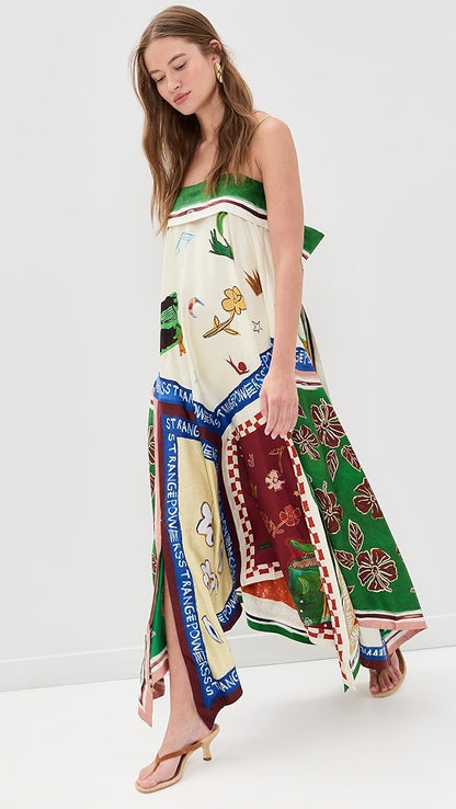 ALM021 Green Eclectic Patchwork Handkerchief Silk Maxi Dress Sundress