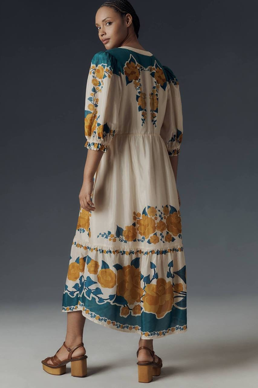 FR Anthro Viscose Puff-Sleeve Printed Midi Dress