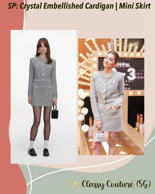 SP Grey Fluffy Crystal Embellished Cardigan | Mini Skirt | Set