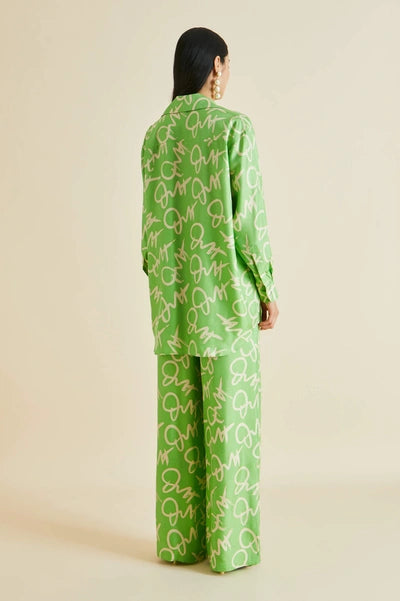 OVH Wolfe Beauvoir Green Signature Silk Twill Pyjamas Shirt Pants Set