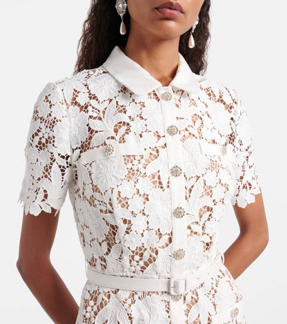 SP White Lace Collared Mermaid Belted Midi Dress