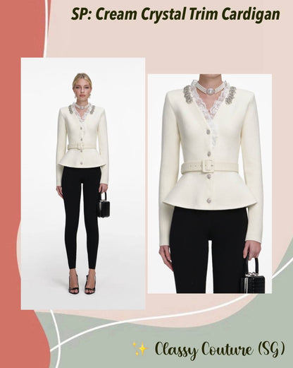 SP Cream Crystal Trim Cardigan Peplum Belted Top