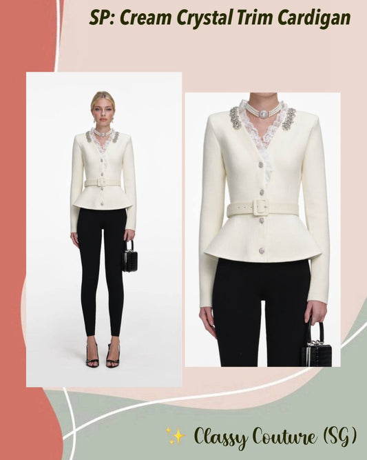 SP Cream Crystal Trim Cardigan Peplum Belted Top