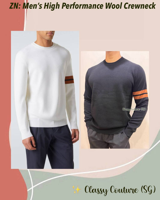 2 Colors! ZN Men’s High Performance Wool Crewneck Jumper Sweater w/ Stripe Detail