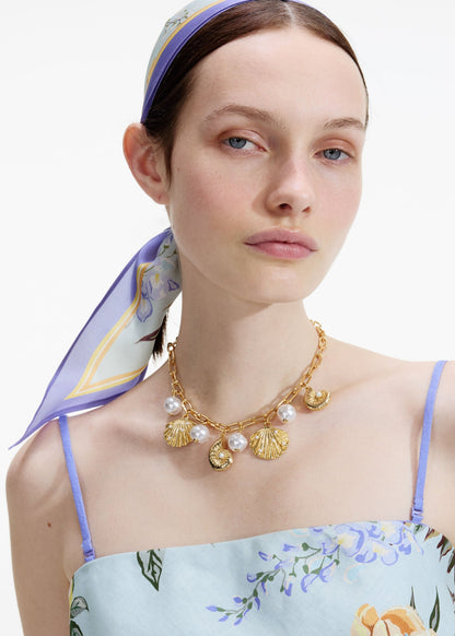 SP Gold-tone Pearl Short Shell & Long Coral Charm Necklace