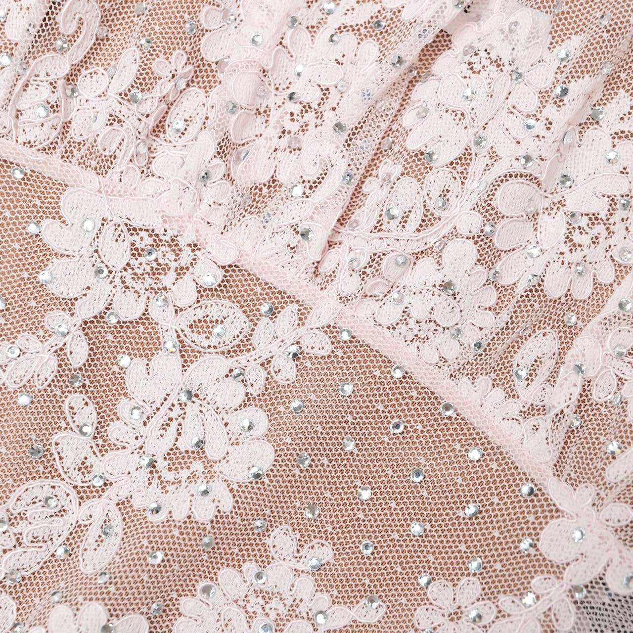 SP Pink Rhinestone Lace Short Sleeve Midi Dress