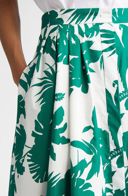 MM Idoneo Tropical Print Pleated Cotton Midi Skirt