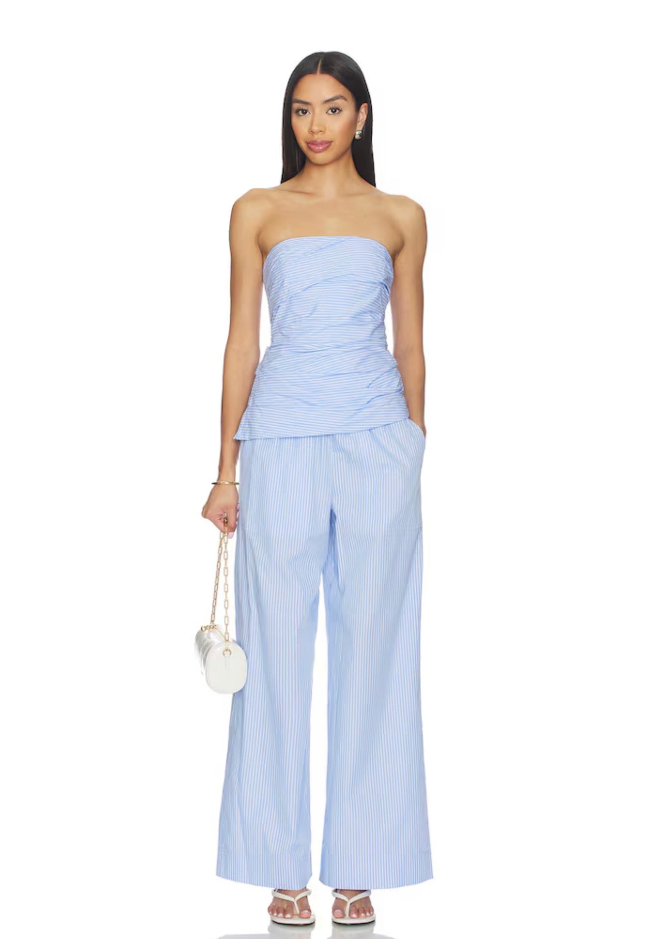 SK Emerson Ruched Bustier Top (Removable straps) | Arden Pants | Cotton Poplin Pinstripe Set