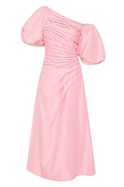 AJ Cadence Viscose-Linen Ruched Midi Dress