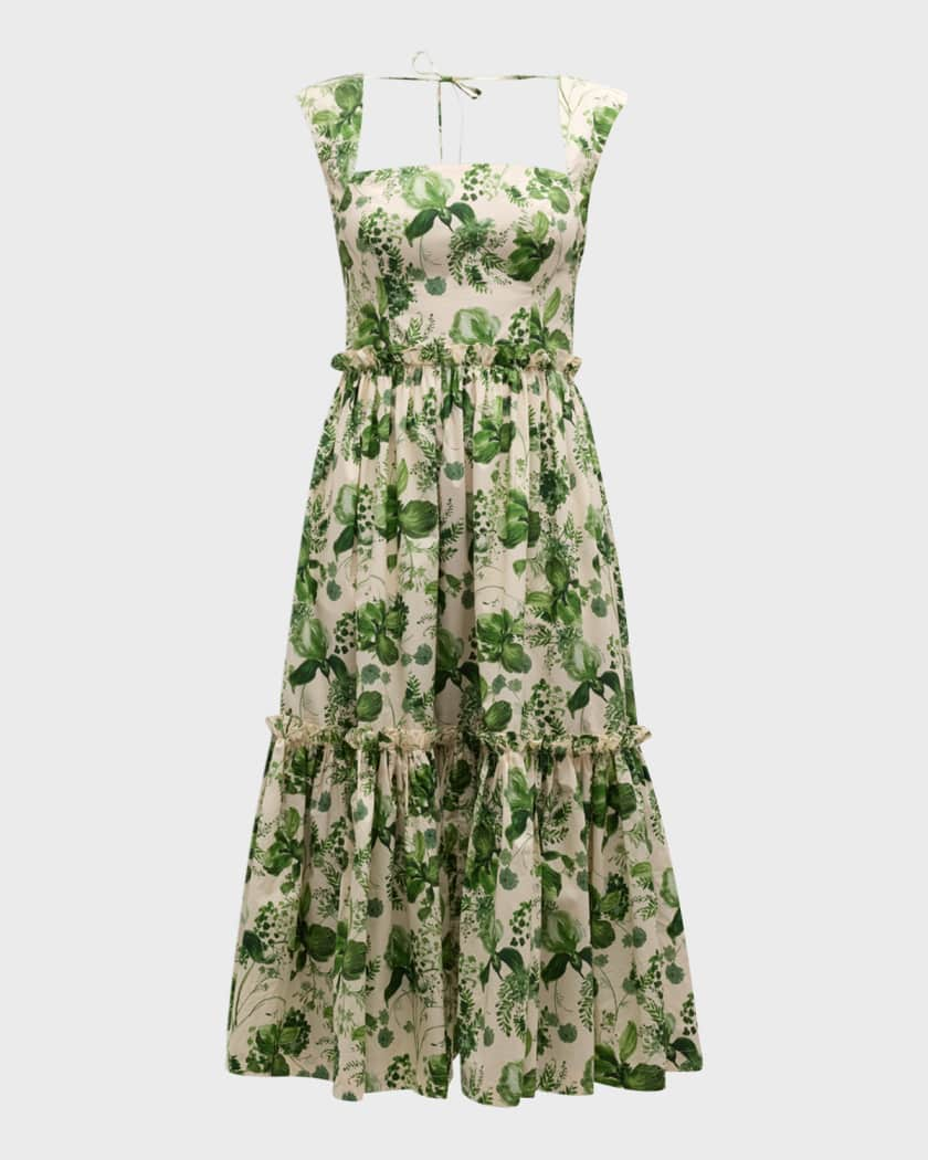 CC Claire Cotton Poplin Midi Dress in Olive Hanging Orchards