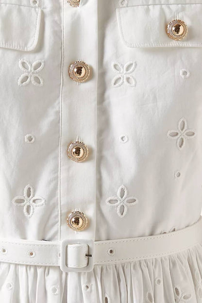 SP White Cotton Broderie Collared Midi Dress