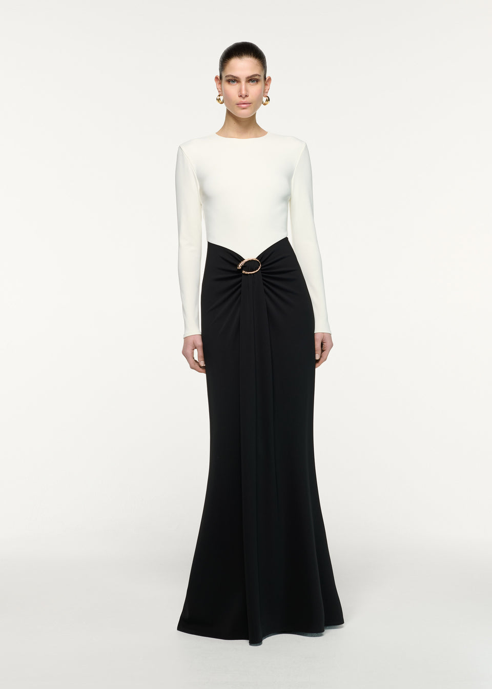 RM Waterfall Twist Drape Contrast Jersey Gown Maxi Dress in Black/white
