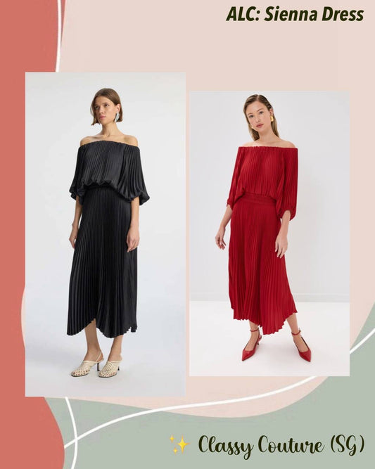 ALC Sienna Satin Pleated Off-Shoulder Midi Dress