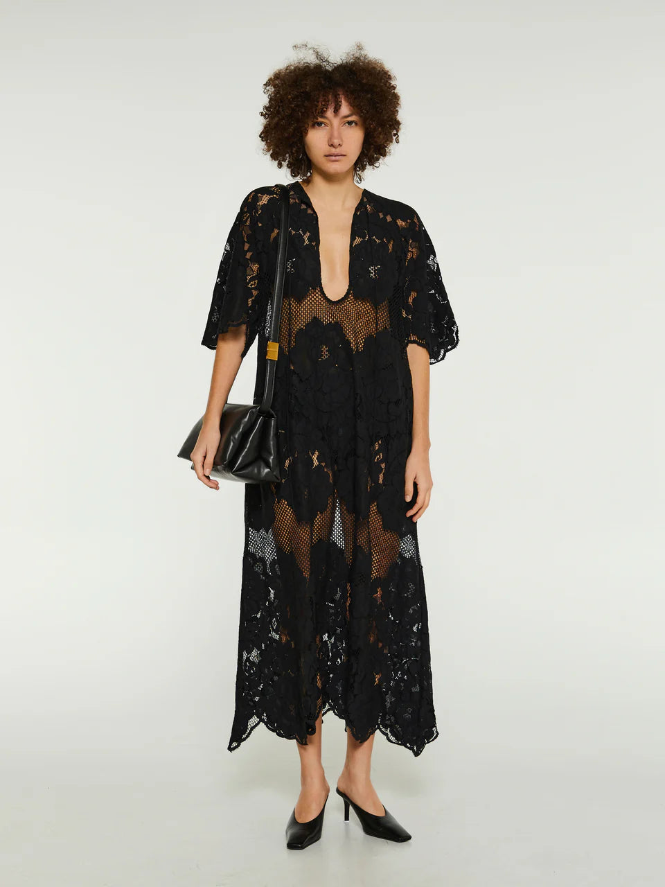 ML Lola Cotton-blend Sheer Lace Short Sleeve Midi Dress