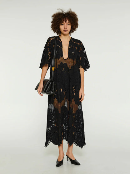 ML Lola Cotton-blend Sheer Lace Short Sleeve Midi Dress