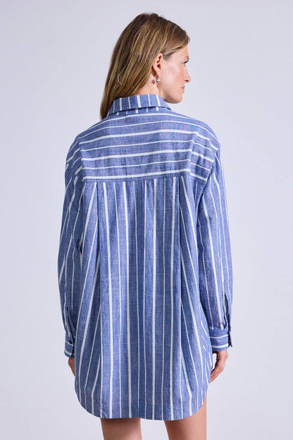 AA Flowe Pocket Button Up Shirt | Trail Shorts | De Vera Wrap Skirt | Striped Cotton Chambray Blue Set