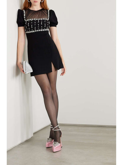 SALE! SP Blacked Tulle-panelled Crystal Embellished Crepe Puff Sleeve Mini Dress
