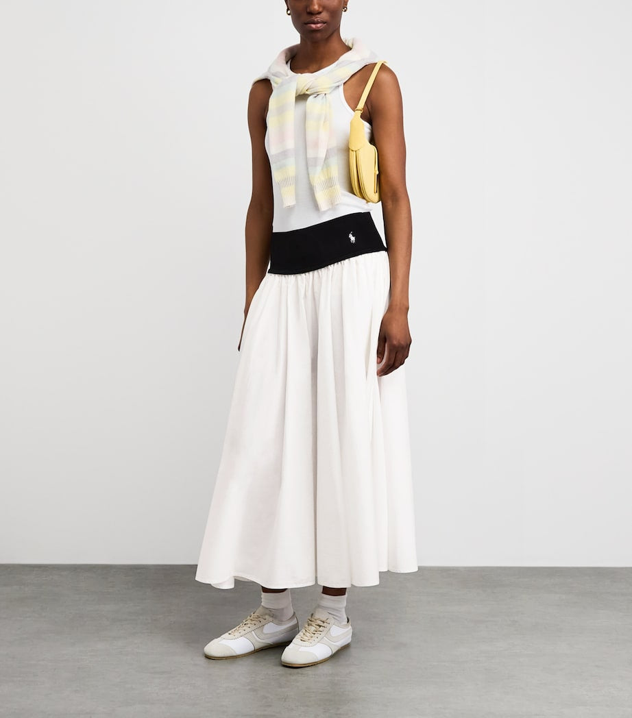RL Panelled Woven Drop-waist Contrast Cotton A-line Midi Maxi Skirt