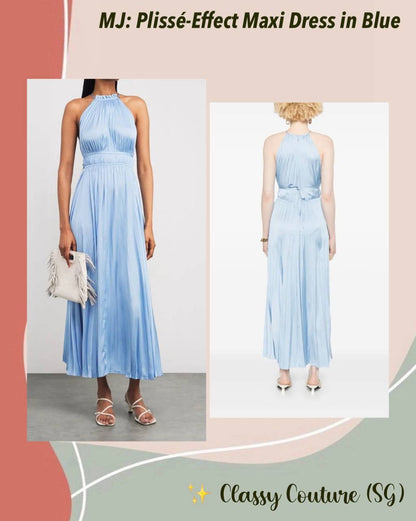 MJ Blue Sky Satin Pleated Plissé-Effect Halter Midi Maxi Dress