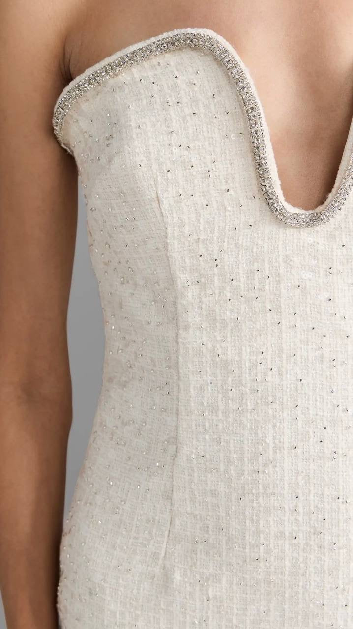 SP Cream Sequin Boucle Strapless Midi Dress