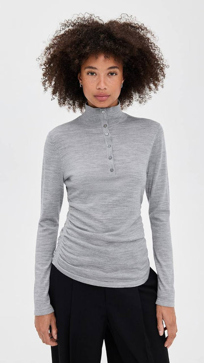 TH Shirred Henley Regal Wool Sweater Quarter Button Long Sleeve Top
