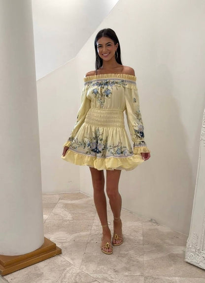 SP Yellow Floral Cotton-Silk Organza Ruffle Off-Shoulder Mini Dress