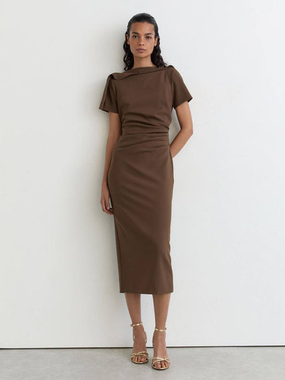 RS Hilary Ruched-Detail Boat-Neck Midi Dress