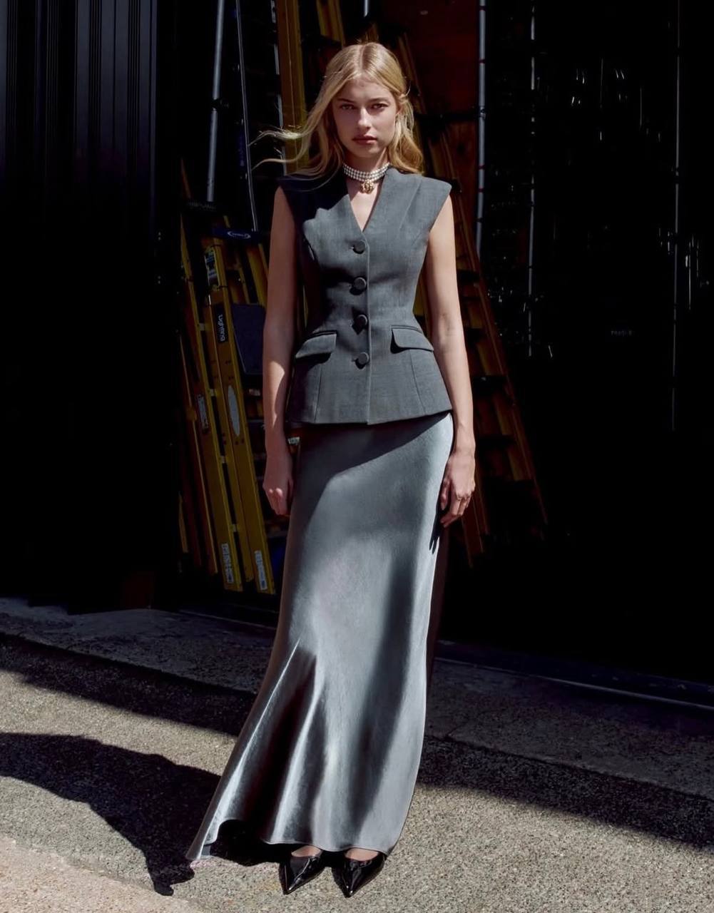SP Tailored Peplum Maxi Dress in Satin