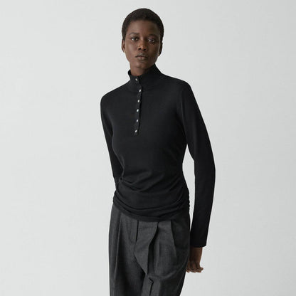 TH Shirred Henley Regal Wool Sweater Quarter Button Long Sleeve Top