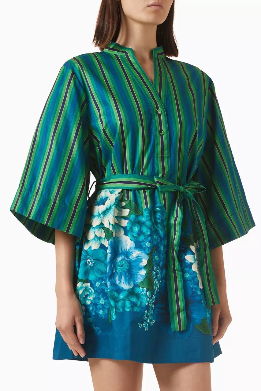 ALM004 Green/Blue Stripe Floral Bloom Organic-Cotton Mini Dress Shirtdress