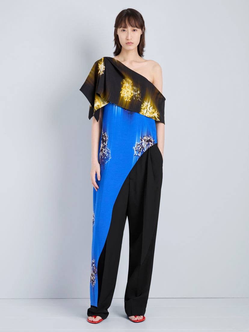 PS Haya Printed Asymmetric Draped Off Shoulder Viscose Cady Long Top