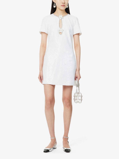 SALE! SP Jisoo White Sequin Embellished Floral Broach Keyhole Mini Dress