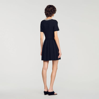 Black Short Sleeve Beaded Flowers Flared Viscose-blend Mini Dress