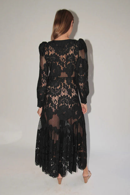 ML Penny Sheer Long Sleeve Cotton-Blend Lace Midi Maxi Dress in Black