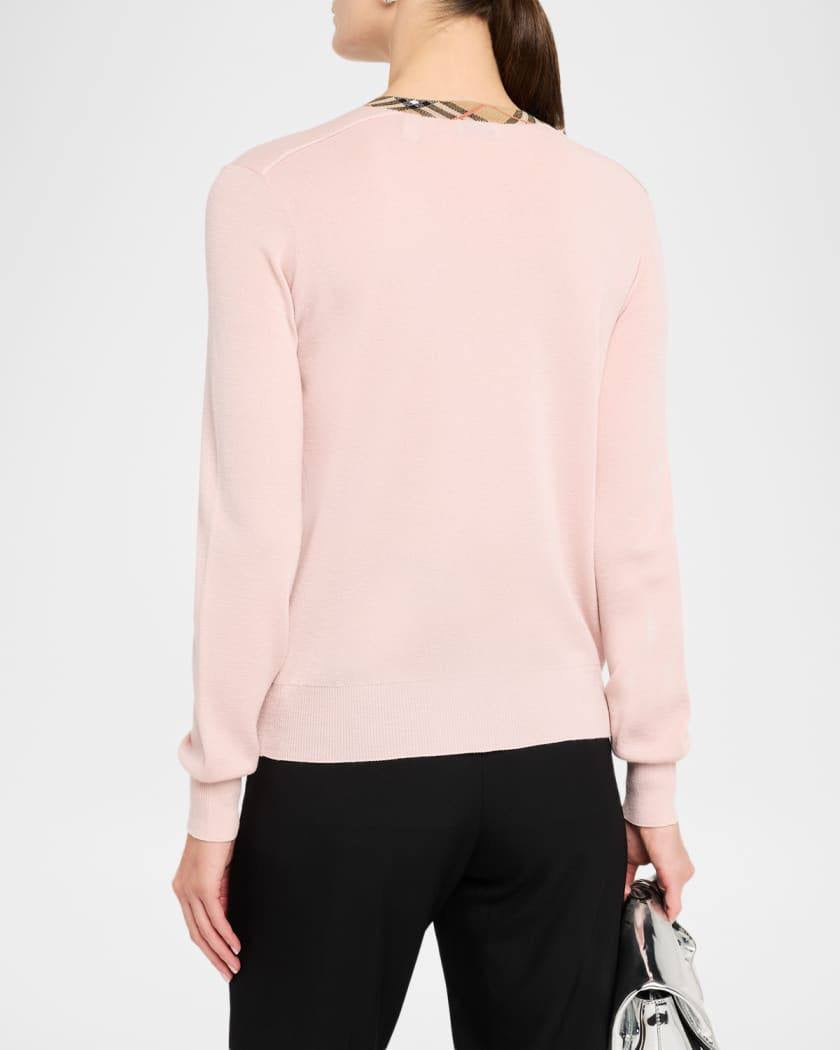 Check-trim Collar Wool Crewneck Cardigan
