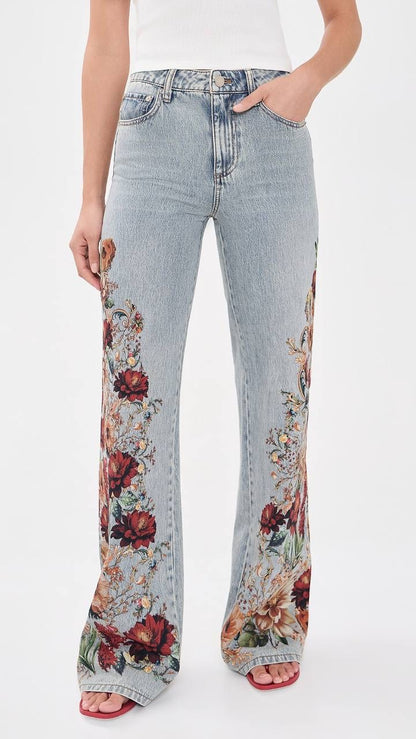 AO Chic Floral Printed High-rise Cotton Jeans