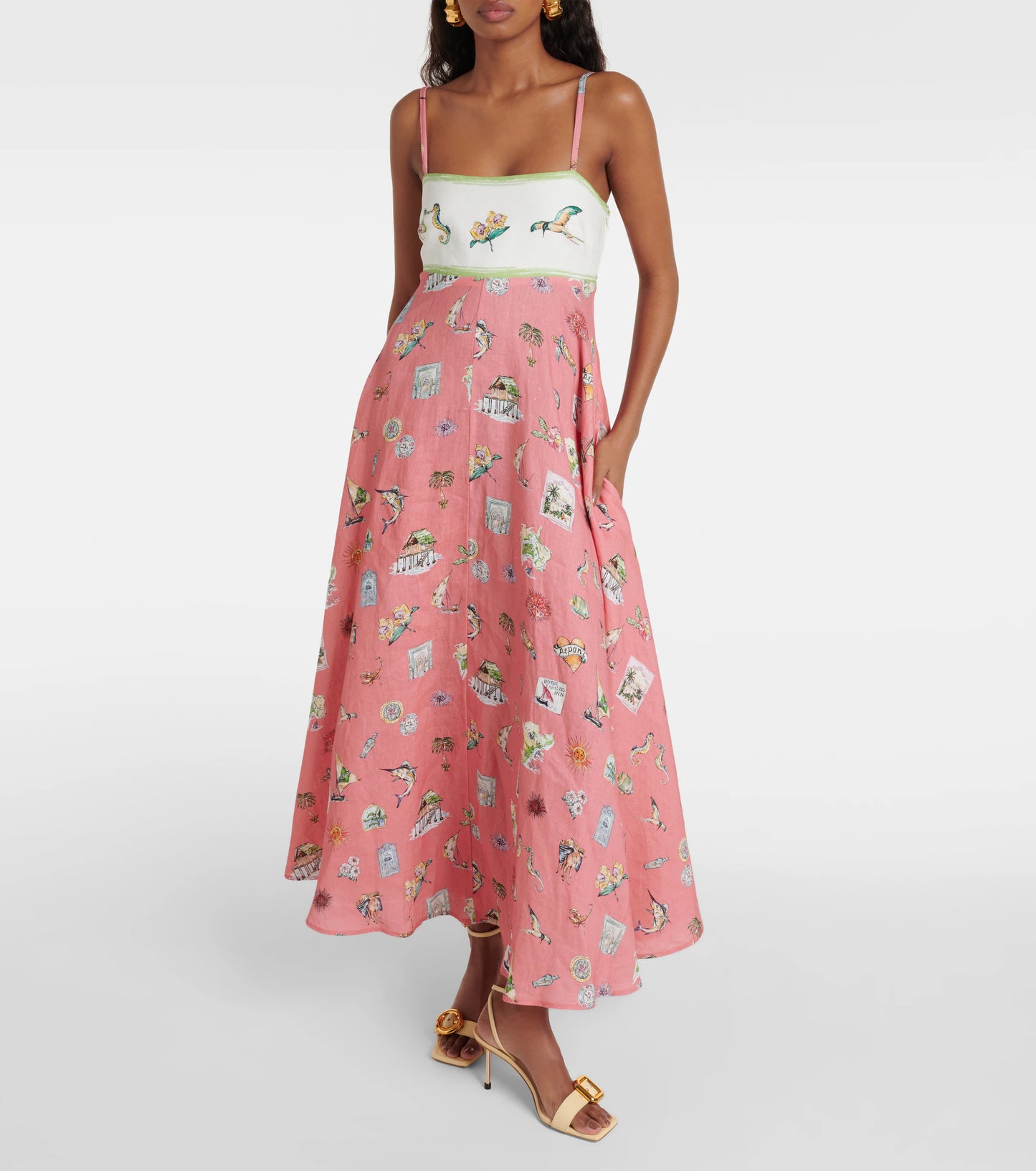 ALM Coral Pink Sea Printed Linen Sundress Midi Dress