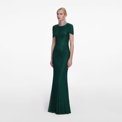 SP Green & Champagne Rhinestone-embellished Draped Sleeve Maxi Dress