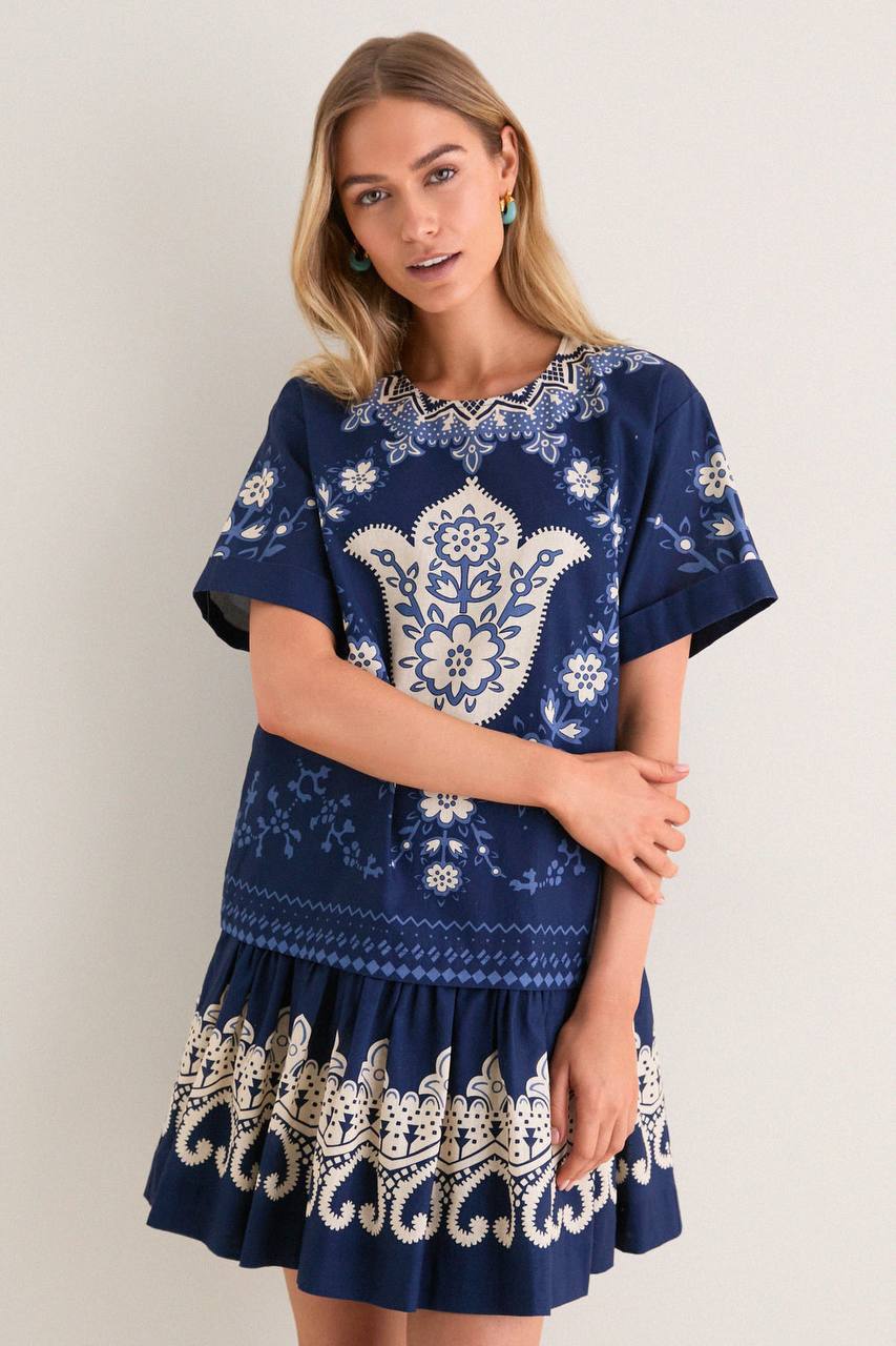 SE Navy Emelina Print Short Sleeve Mini Dress