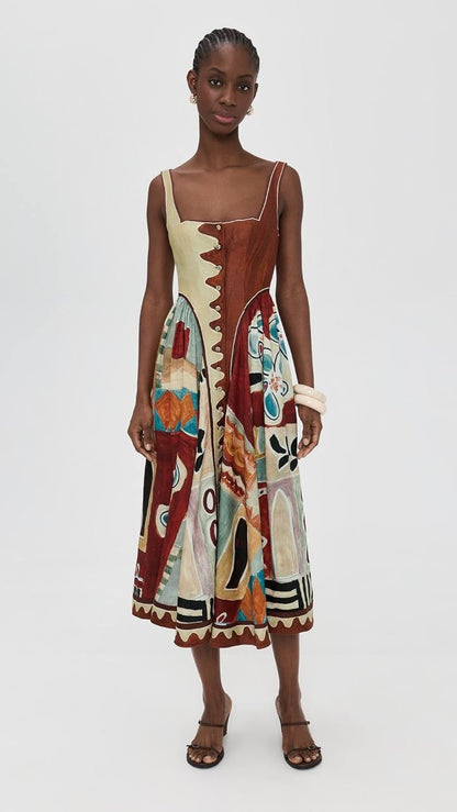 ALM Michelle Linen-Viscose Square Neck Midi Dress