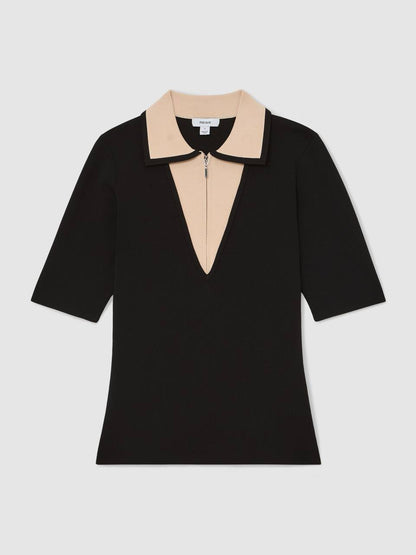 RS Stella Contrast-Collar Half-Zip Knitted Top