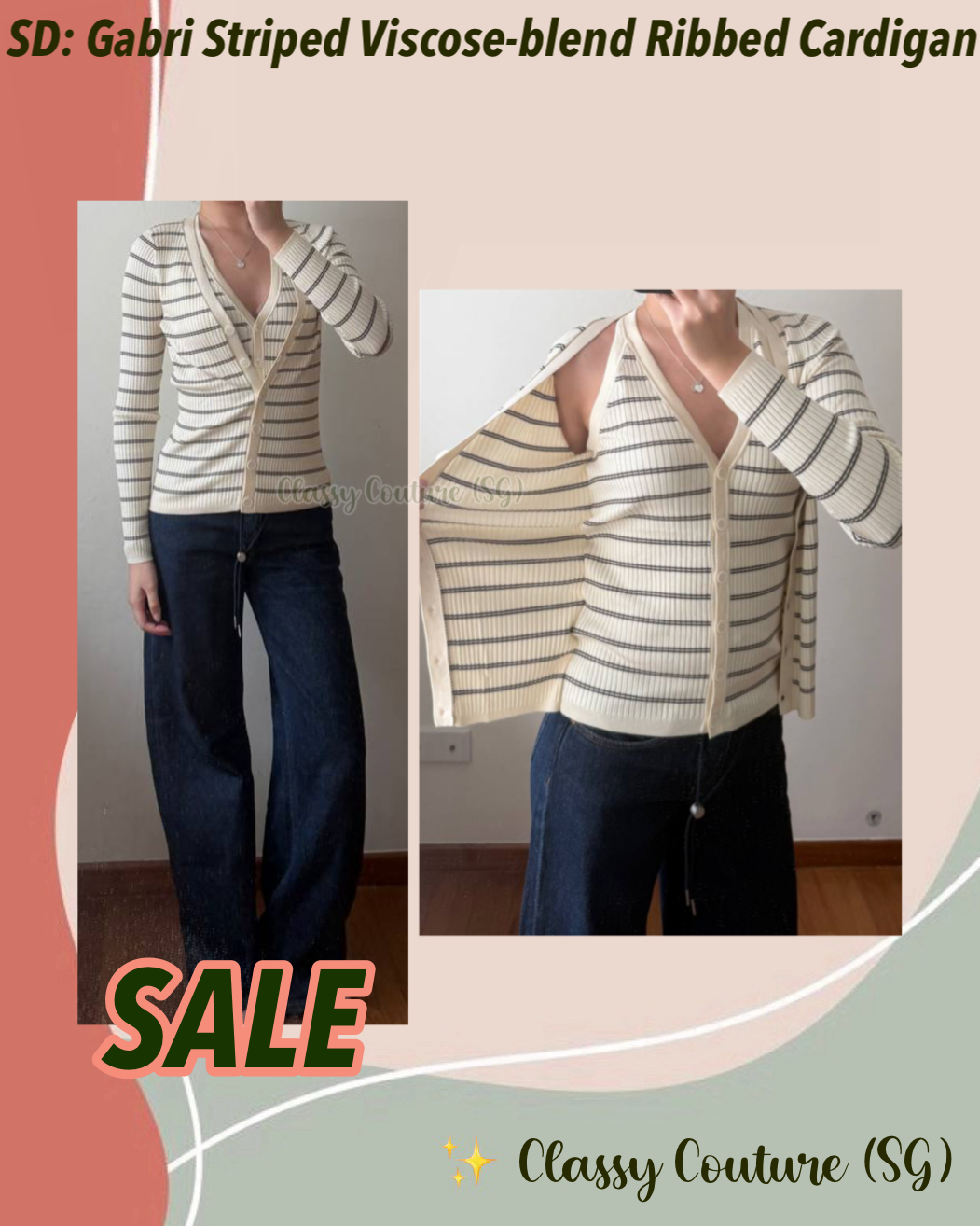 SALE! SD Gabri Striped Button Up Viscose-blend Ribbed Cardigan (with attached camisole top)