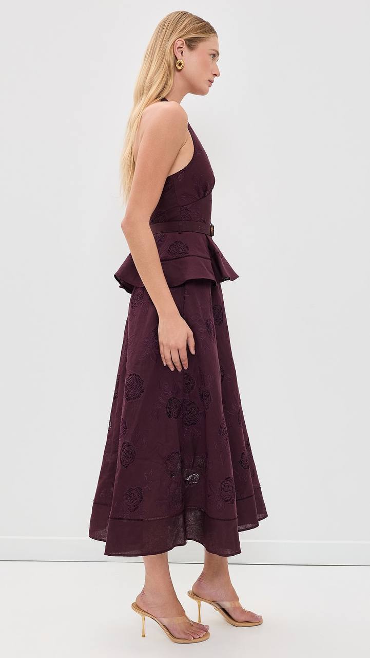 SP Plum Linen-cotton Halter Peplum Midi Dress