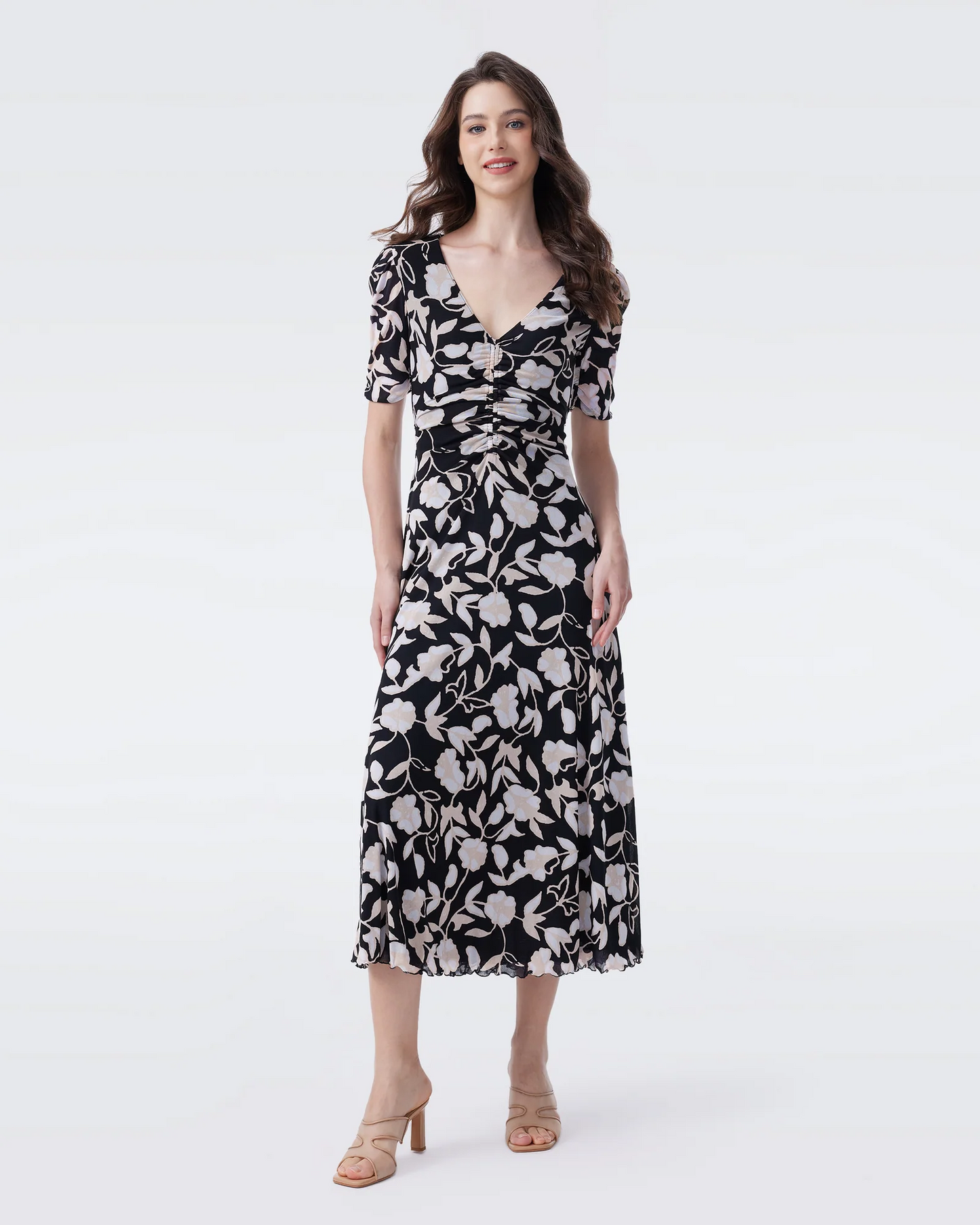 DVF Koren Reversible Mesh Midi Dress in REAL TO CHINTZ LILAC/INLAY FLOWER BLACK