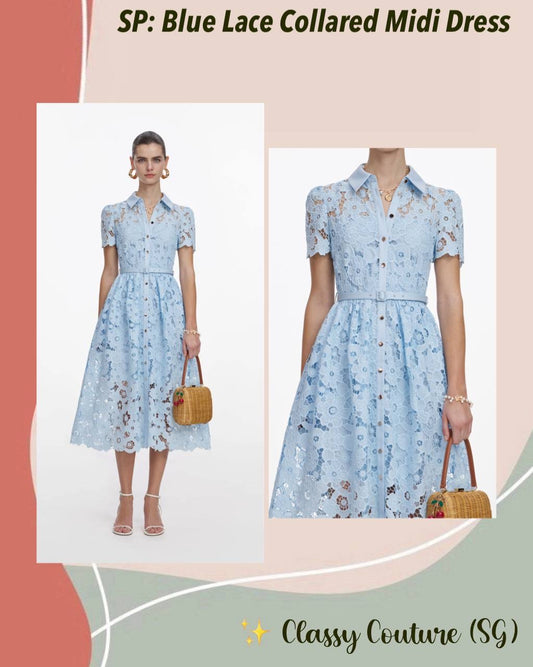 SP Blue Lace Collared Belted Shirtdress Midi Dress