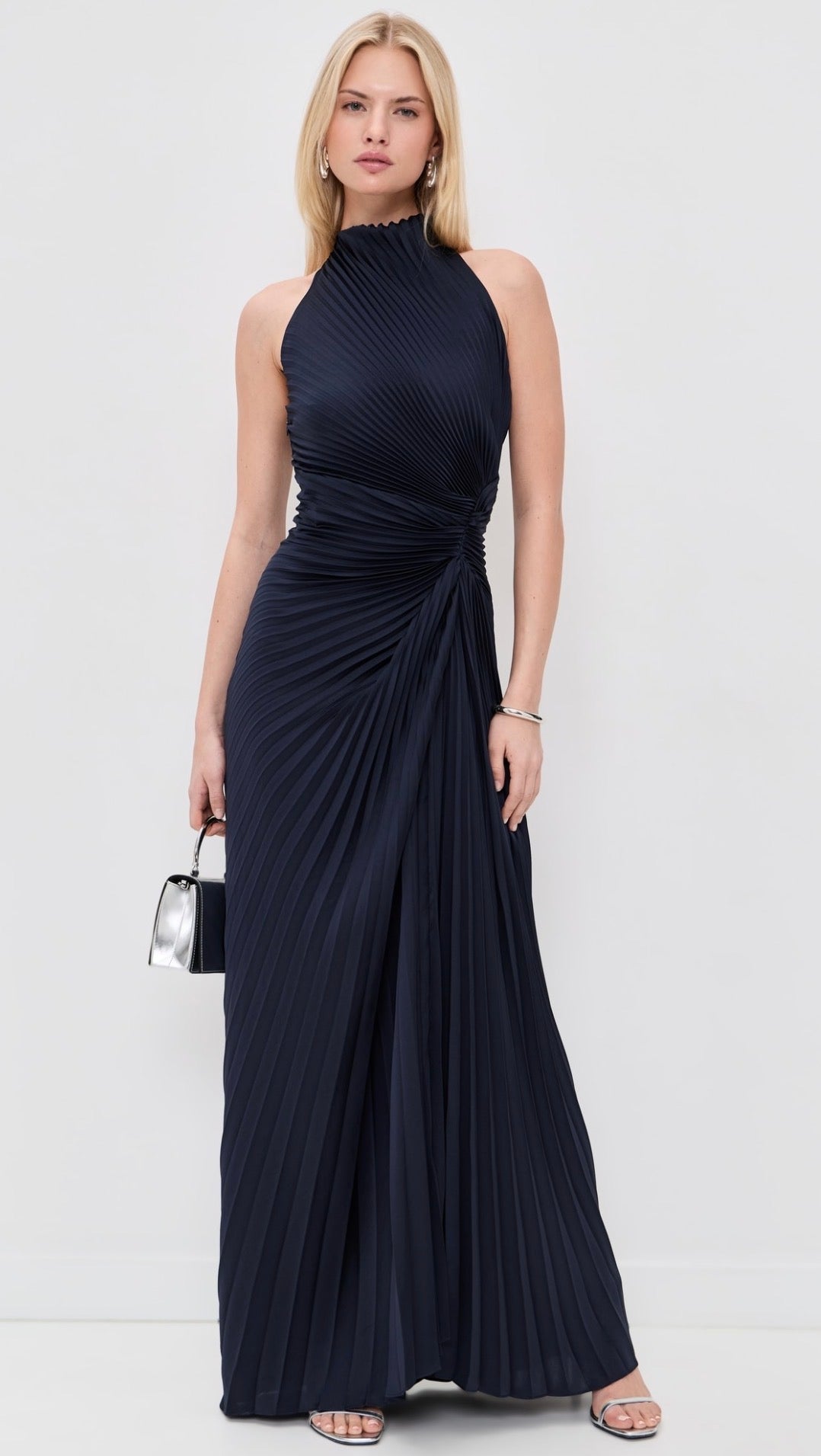 ALC Romy Halter Pleated Satin Gown Maxi Dress