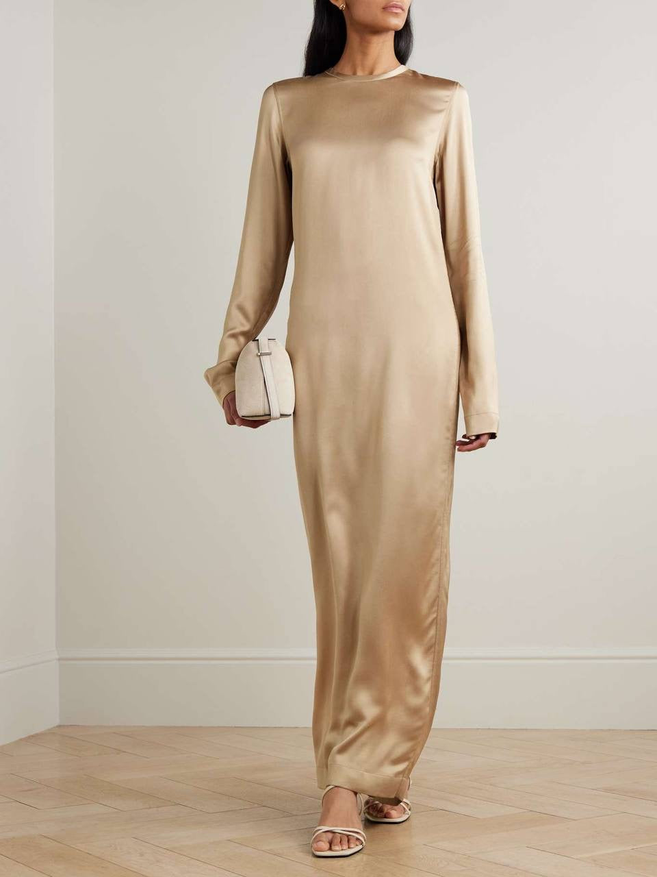 TOT Viscose Satin High-Neck Long Sleeve Midi Maxi Dress
