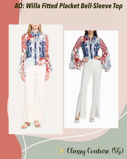 AO Willa Fitted Placket Bell-Sleeve Stretch-Silk Top