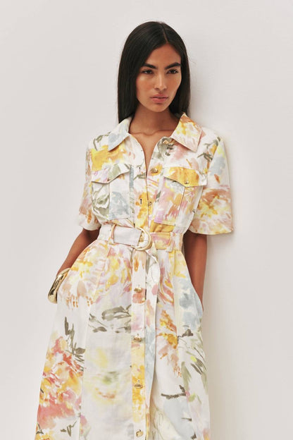 AJ Manon Linen-viscose Belted Midi Dress