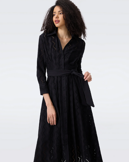 DVF Macy Geometric Embroidery Cotton Shirtdress Midi Dress